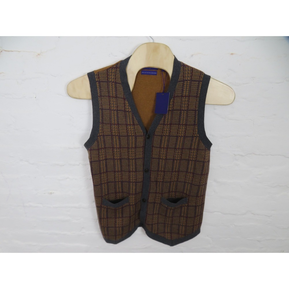 Alan Flusser Cashmere Sweater Vest Mens Medium Cardigan Brown Plaid V Neck Knit
